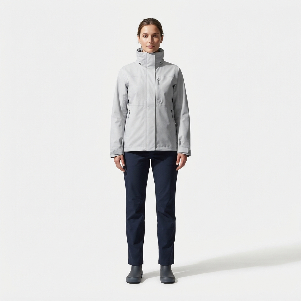 Lightgray coastal sailing jacket on model with modest outfit