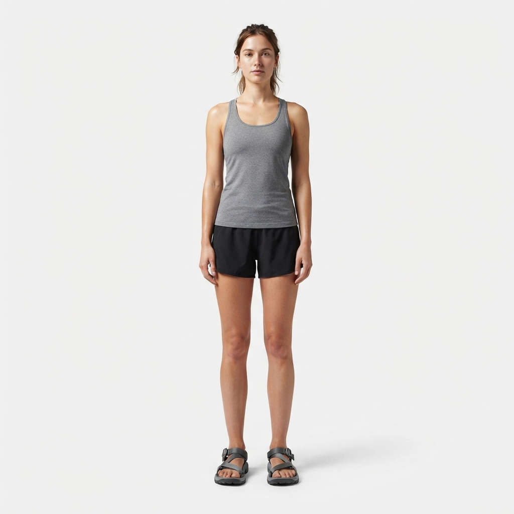 Gray water sandals on model feet standing firmly